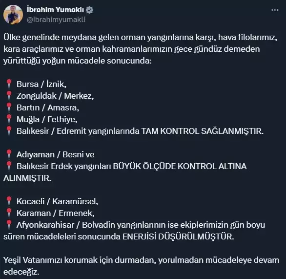 Bakan Yumaklı açıkladı! İşte orman yangınlarında son durum