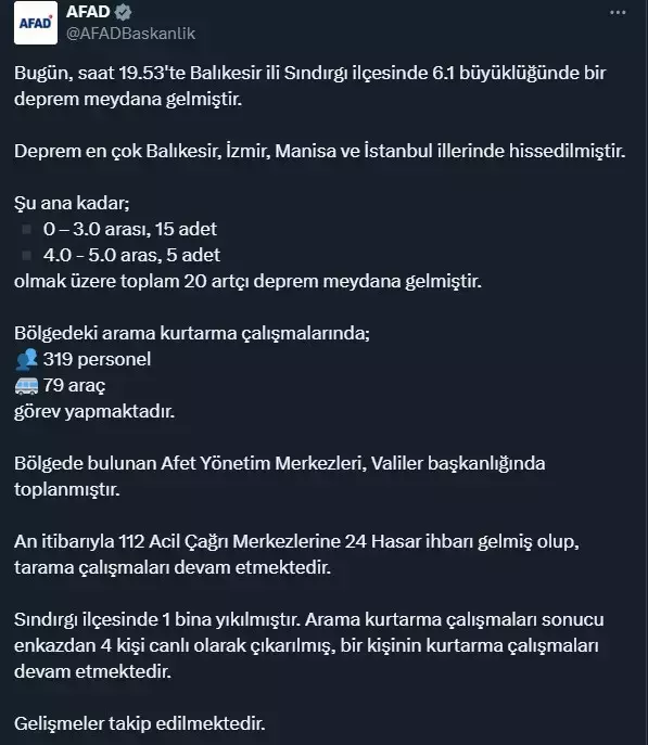 Balıkesir'de 6.1 büyüklüğünde deprem! Enkaz altında kalan 1 kişi hayatını kaybetti