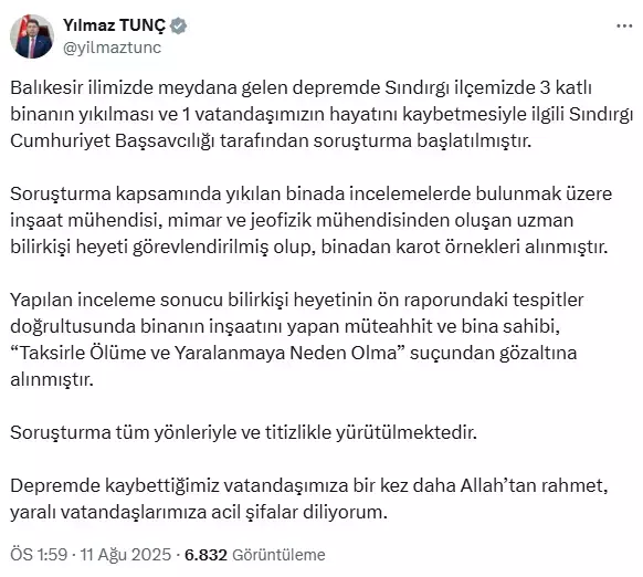 Sındırgıda'daki depremde yıkılan binayla ilgili jet soruşturma! 2 kişi gözaltında